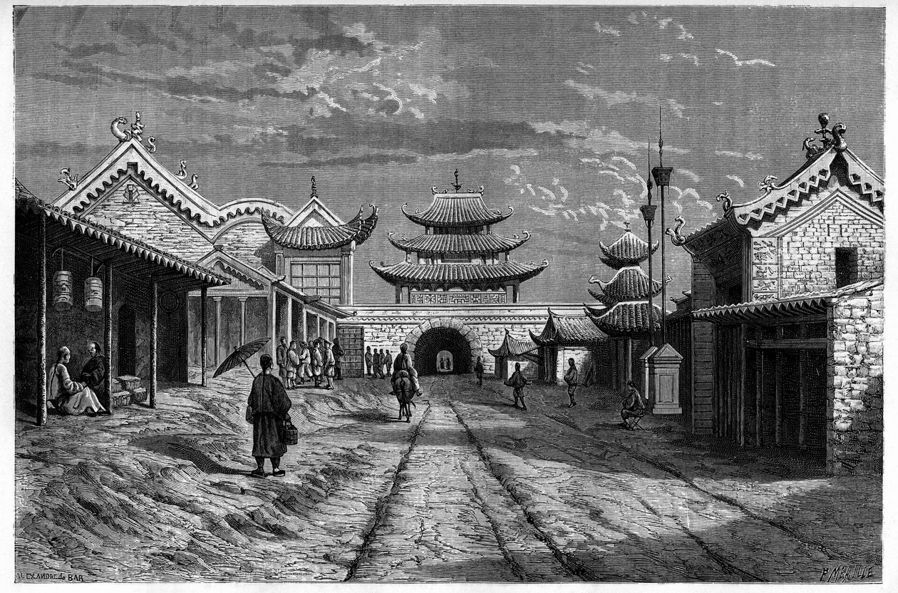 来自中国 "Youn Tchen Sian "街道的风景。根据A. de Bar的画作雕刻的，载于 "Le Tour du Monde, Nouveau journal des Voyages"，由Edouard Charton编辑，巴黎。 作者 Alexandre de（之后）酒吧