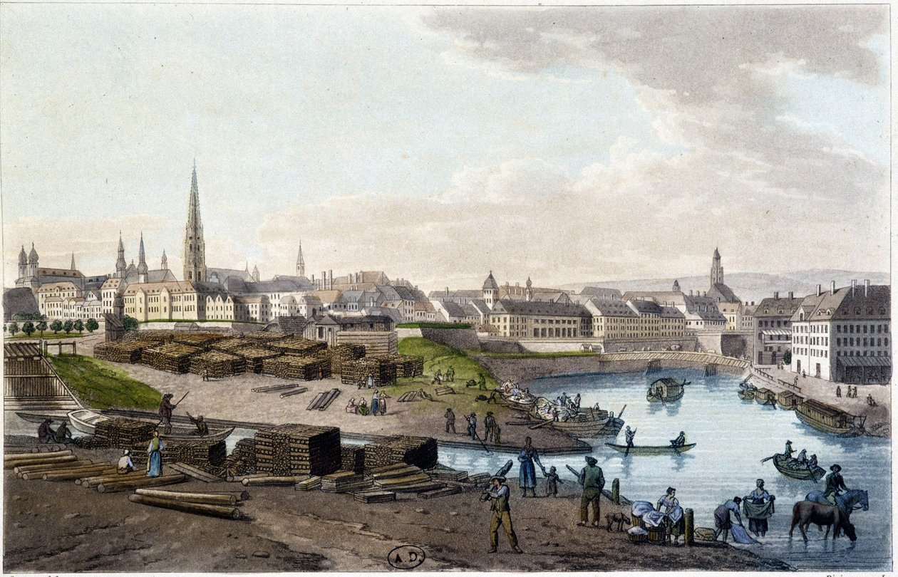 从 Leopold-Stadt 海岸看维也纳（码头上的作品）——在“亚历山大·德·拉博德伯爵风景如画的奥地利之旅”，巴黎，编辑 迪多长老 作者 亚历山大·德·劳德（Alexandre de Laborde）