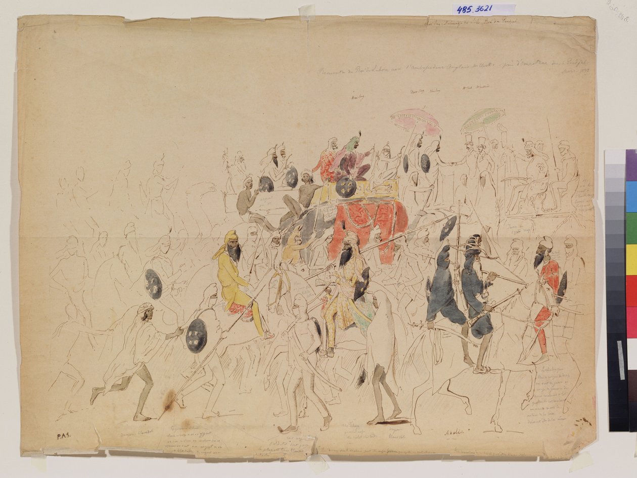 1842 年，旁遮普邦（印度）的谢尔·辛格大君（1807-1843 年）与英国大使克拉克（？）的会面。阿列克谢·德米特里耶维奇·萨尔蒂科夫（Alexei Dmiitryevich Saltykov，1806-1859 年）的作品，纸本铅笔、水彩和墨水 作者 阿列克谢·德米特里耶维奇·萨尔蒂科夫