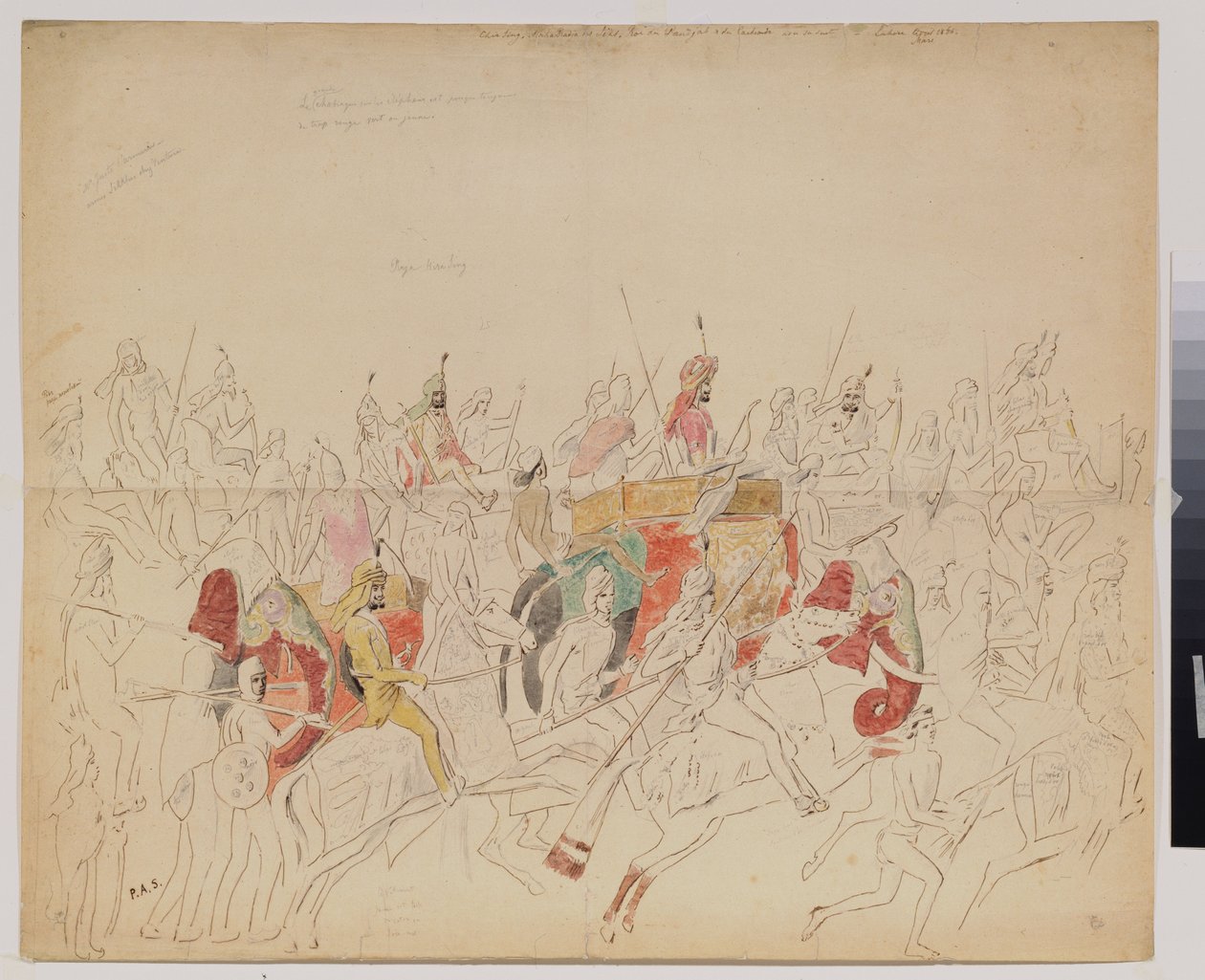 旁遮普邦（印度）的谢尔·辛格王公（1807-1843 年）和他的宫廷。 阿列克谢·德米特里耶维奇·萨尔蒂科夫（Alexei Dmitrievich Saltykov，1806-1859 年）作品，水彩铅笔和纸本墨水 作者 阿列克谢·德米特里耶维奇·萨尔蒂科夫