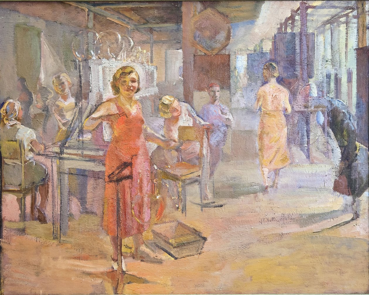 五年计划 - 位于列宁格勒的“Svetlana”电气工厂，作者：Sittaro, Alexei Gumbertovich（1906-1942 年）。 布面油画，尺寸：174x2 作者 阿列克谢·贡贝托维奇·西塔罗