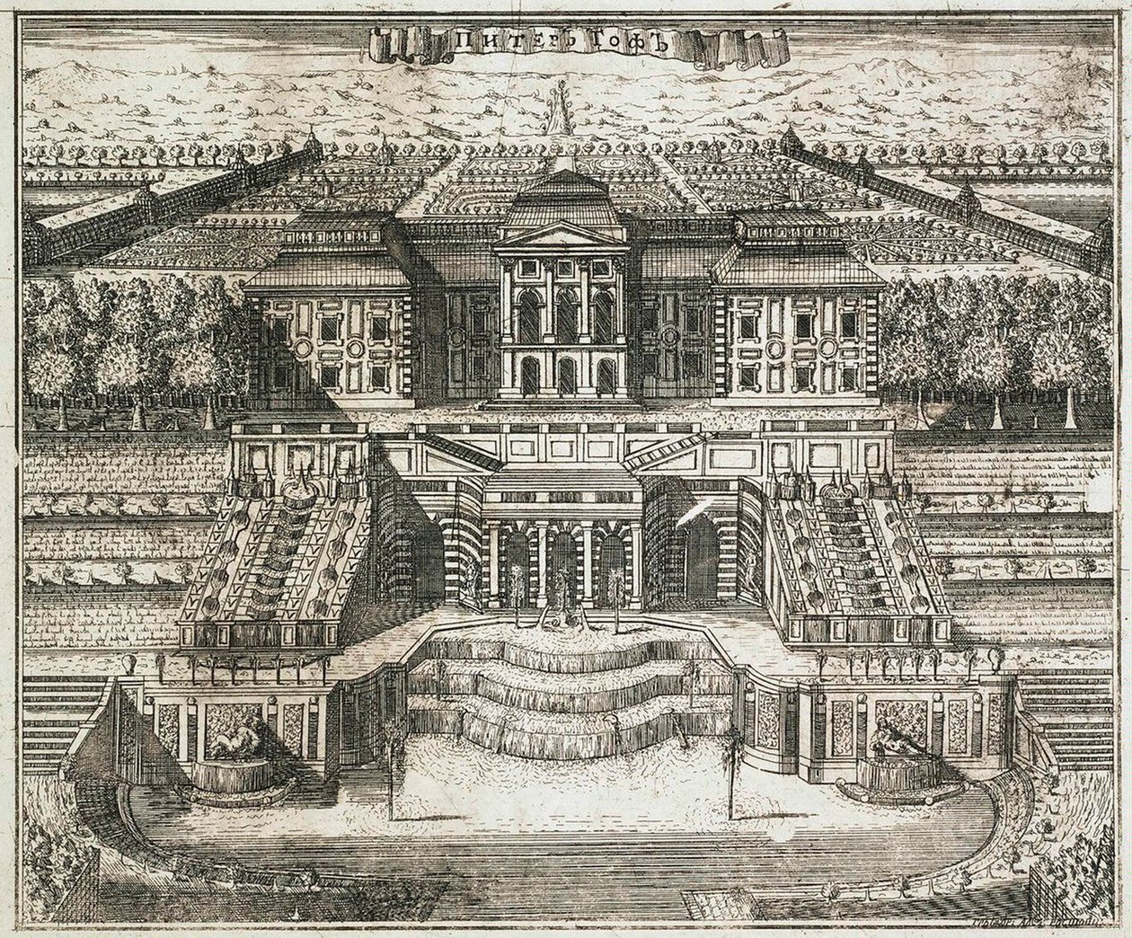 彼得霍夫的大宫殿景观，1717年。 作者 阿列克谢·伊万诺维奇·罗斯托夫采夫