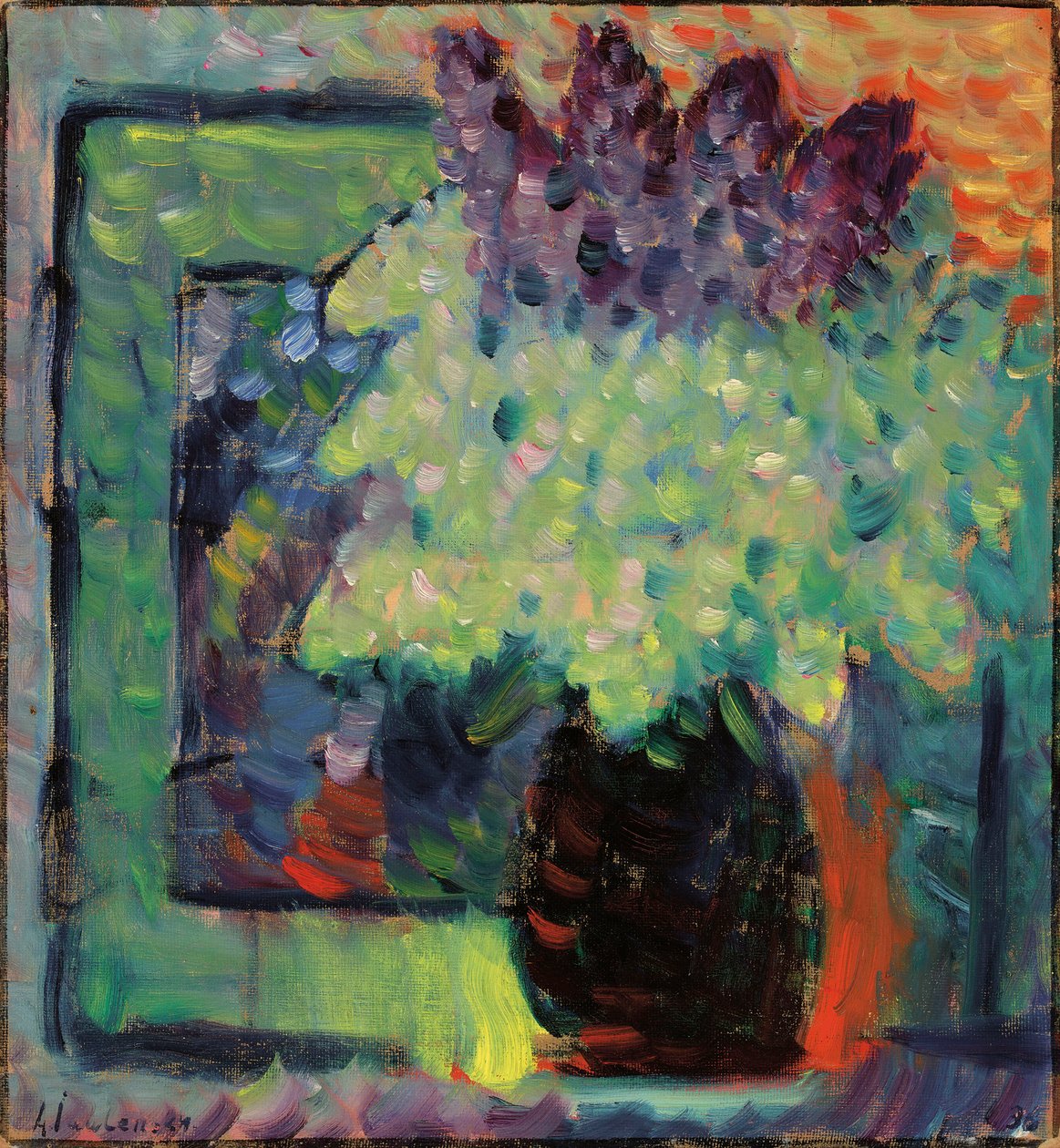 大型静物花瓶中的丁香花束，1936年。 作者 阿列克谢·贾夫伦斯基 (Alexei Javlensky)