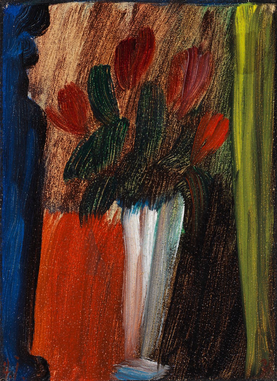 白色花瓶里的静物花，1936年。 作者 阿列克谢·贾夫伦斯基 (Alexei Javlensky)