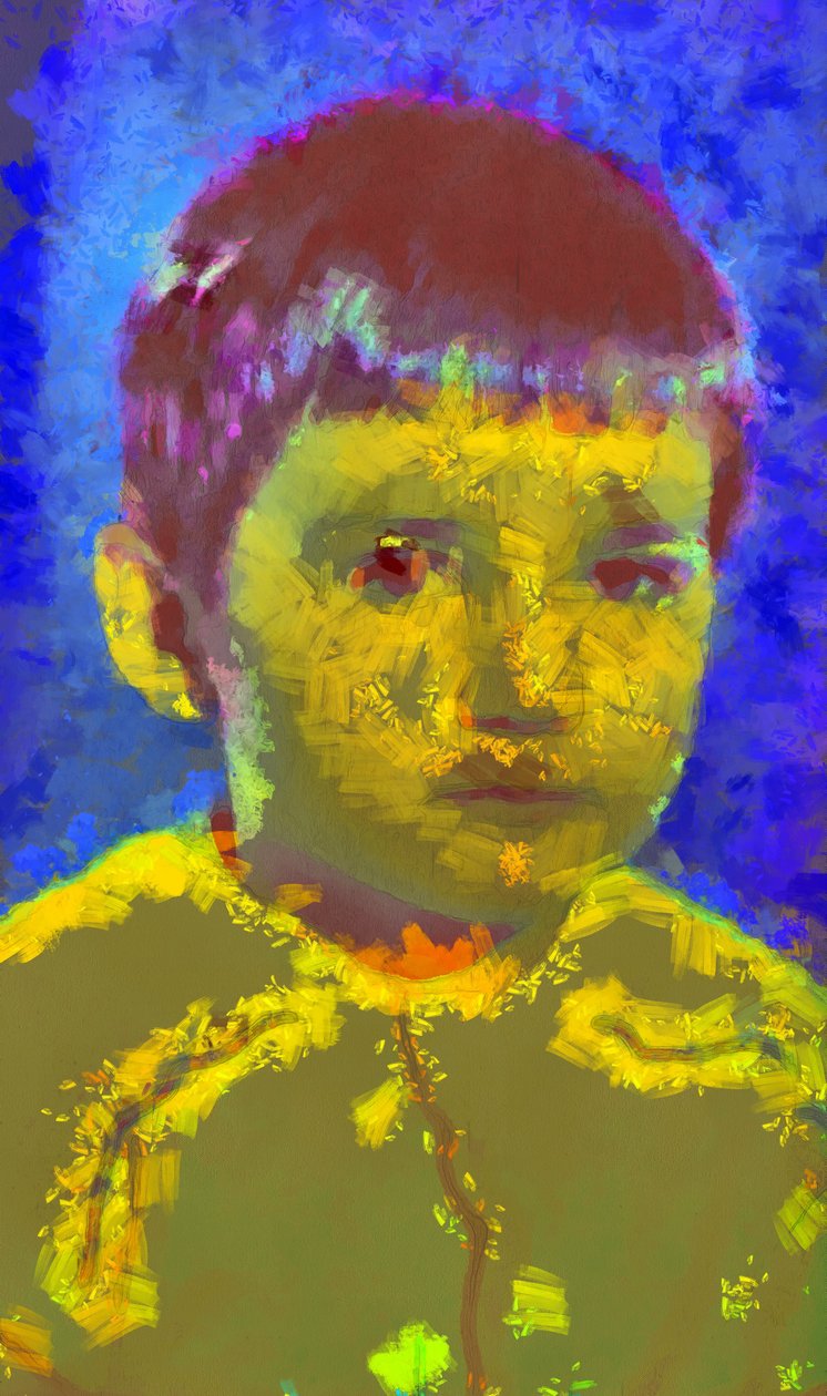 蓝色背景上的男孩肖像，2020，（混合媒介） 作者 阿列克谢·马霍夫