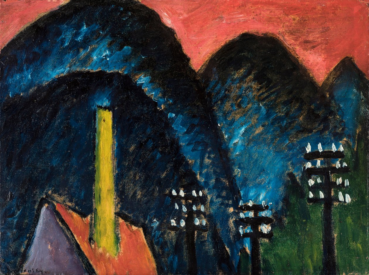 蓝山风景与黄色的烟囱，1912年。 作者 阿列克谢·冯·贾伦斯基