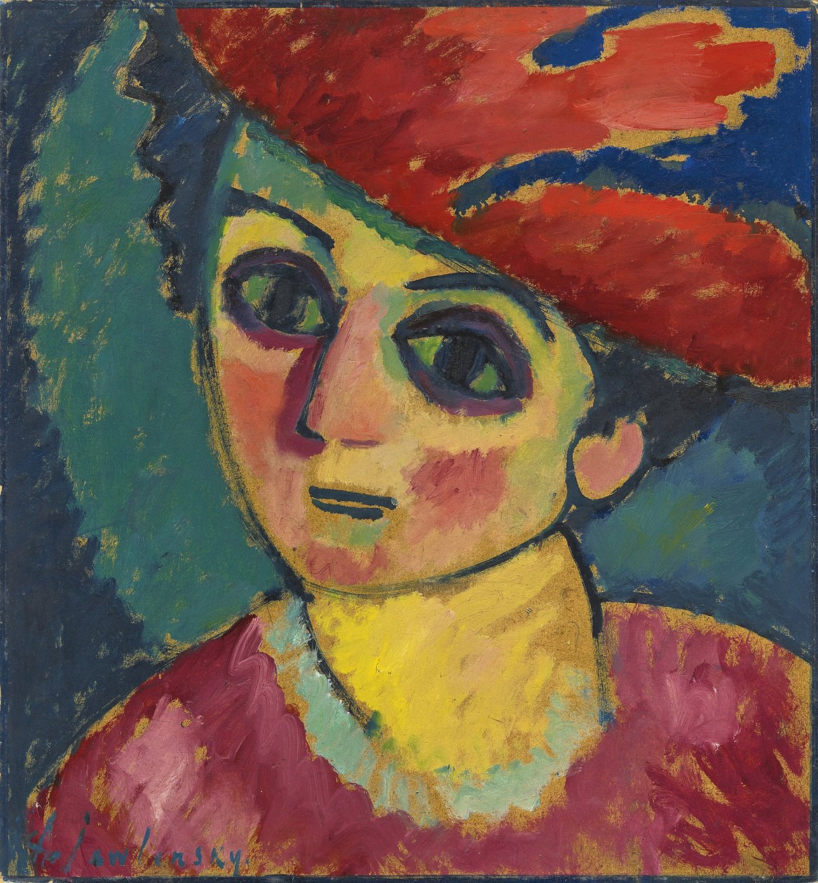 红帽，阿列克谢·冯·贾伦斯基（Alexej von Jawlensky）绘画，纸板油画，1912年-红帽-Javlensky，阿列克谢，冯·冯 作者 阿列克谢·冯·贾伦斯基