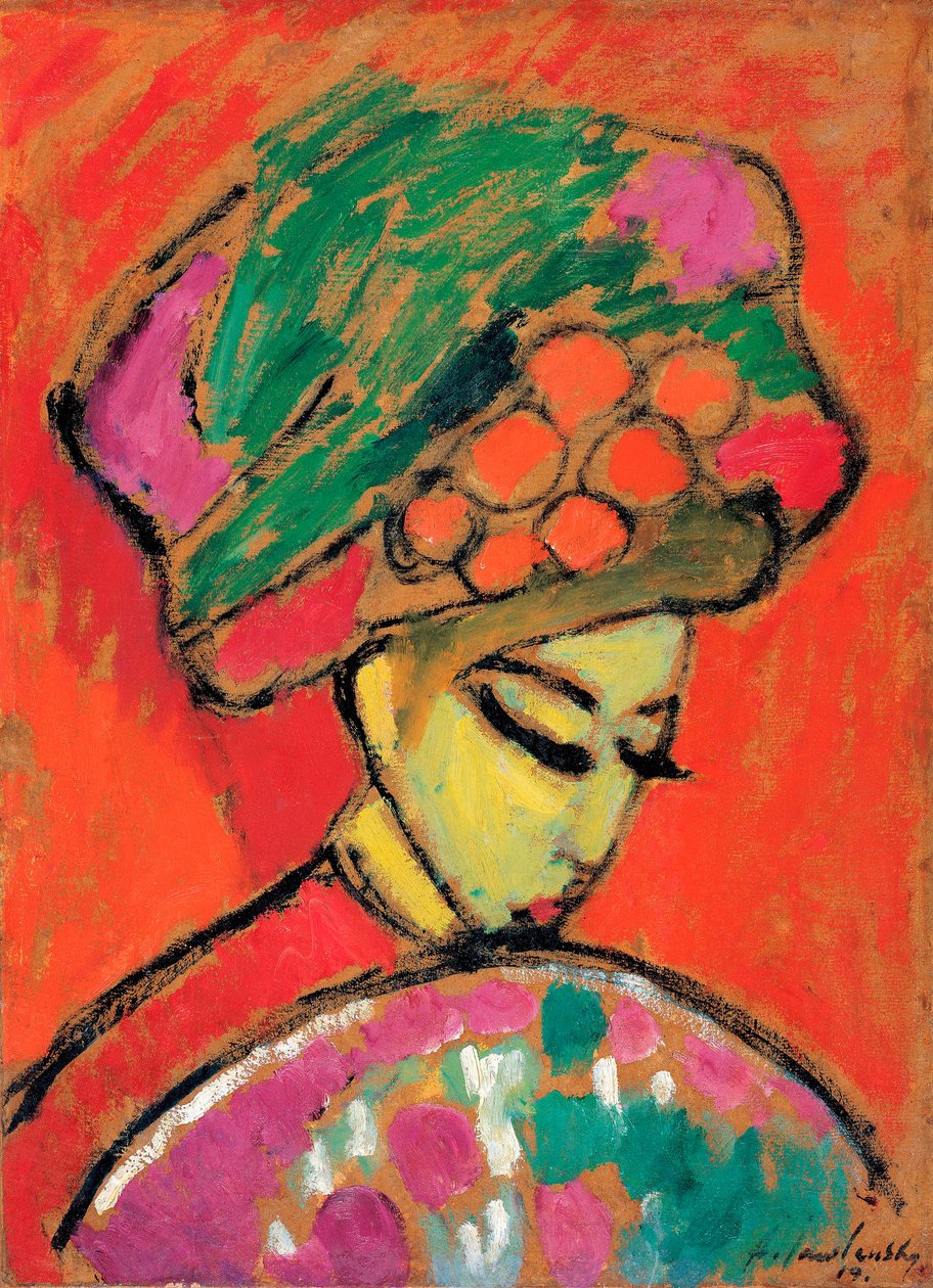 戴花帽的少女 - 阿列克谢-冯-贾夫连斯基（1864-1941 年）纸板油画，67.5x49 厘米 作者 阿列克谢·冯·贾伦斯基