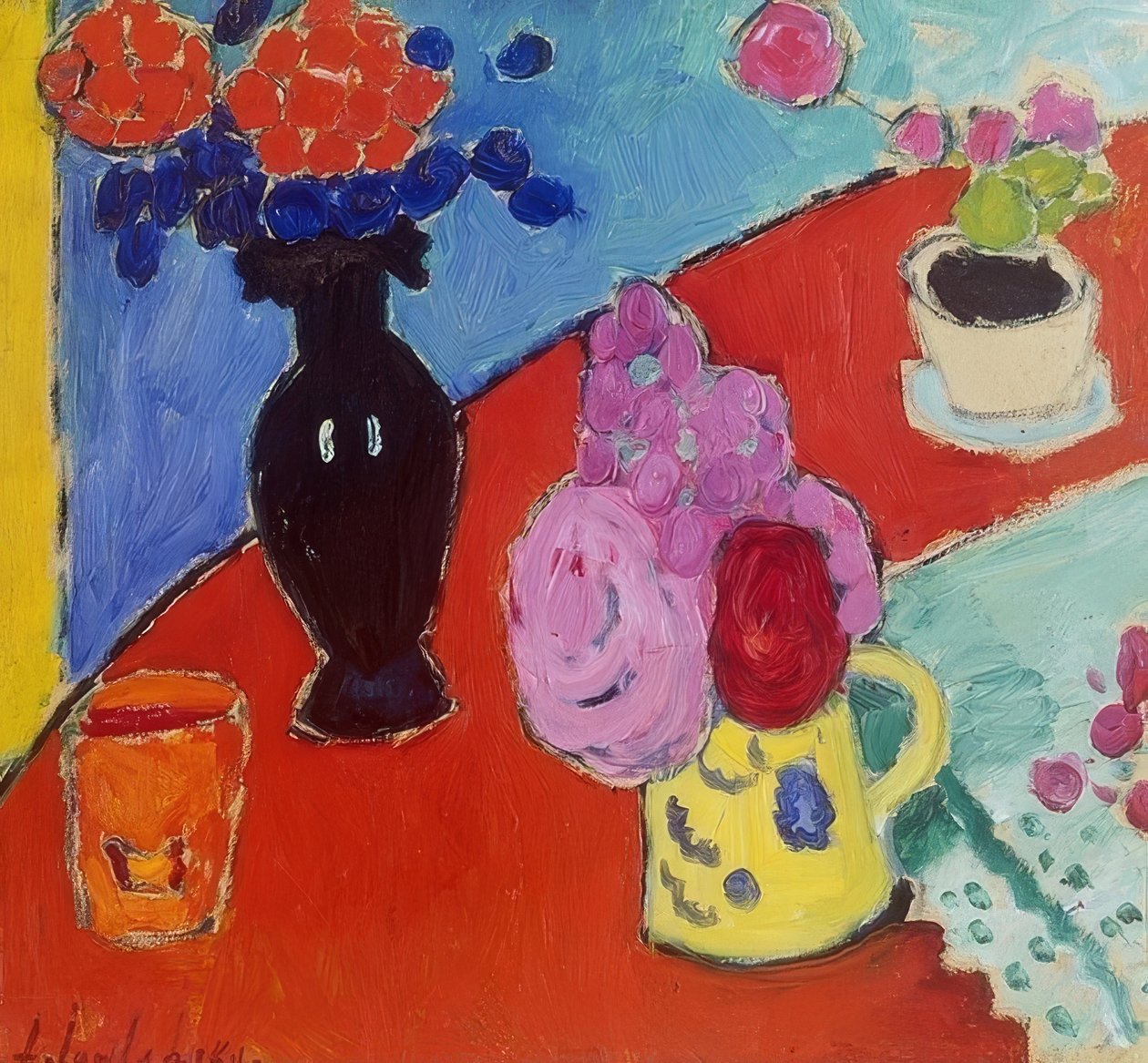 与花瓶和水罐的静物画。 1909年 作者 阿列克谢·冯·贾伦斯基
