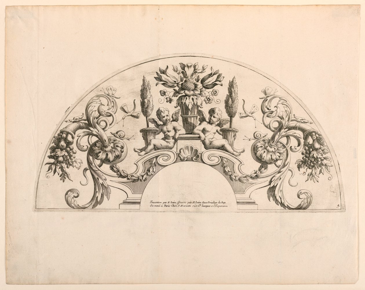 扇形叶，"Divers Desseins de grands Eventails, Encrans, et autres Ornamens, inventés et gravés par Nicolas Loire"（尼古拉斯-卢瓦尔发明并绘制的大型装饰品的第五和第六个图版）。 作者 亚历克西斯·卢瓦尔