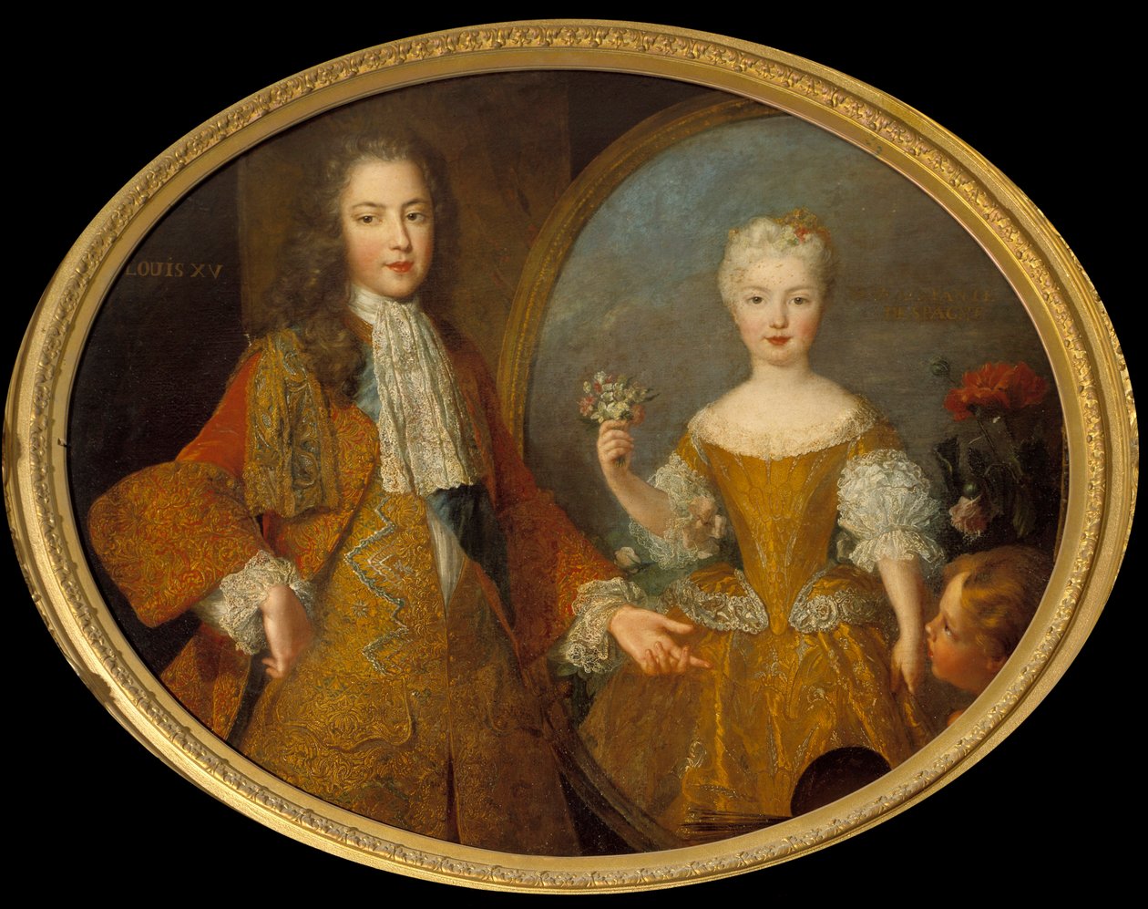 拉乌尔（右下）向路易十五（1710-1774）赠送他的未婚妻（路易十五和西班牙王妃玛丽-安妮-维克多尔）的画像。画中画的阿比米（abime）。亚历克西斯-西蒙-贝勒（1674-1734）的画作 18世纪的太阳。0,99x1,24米 作者 亚历克西斯·西蒙·贝儿