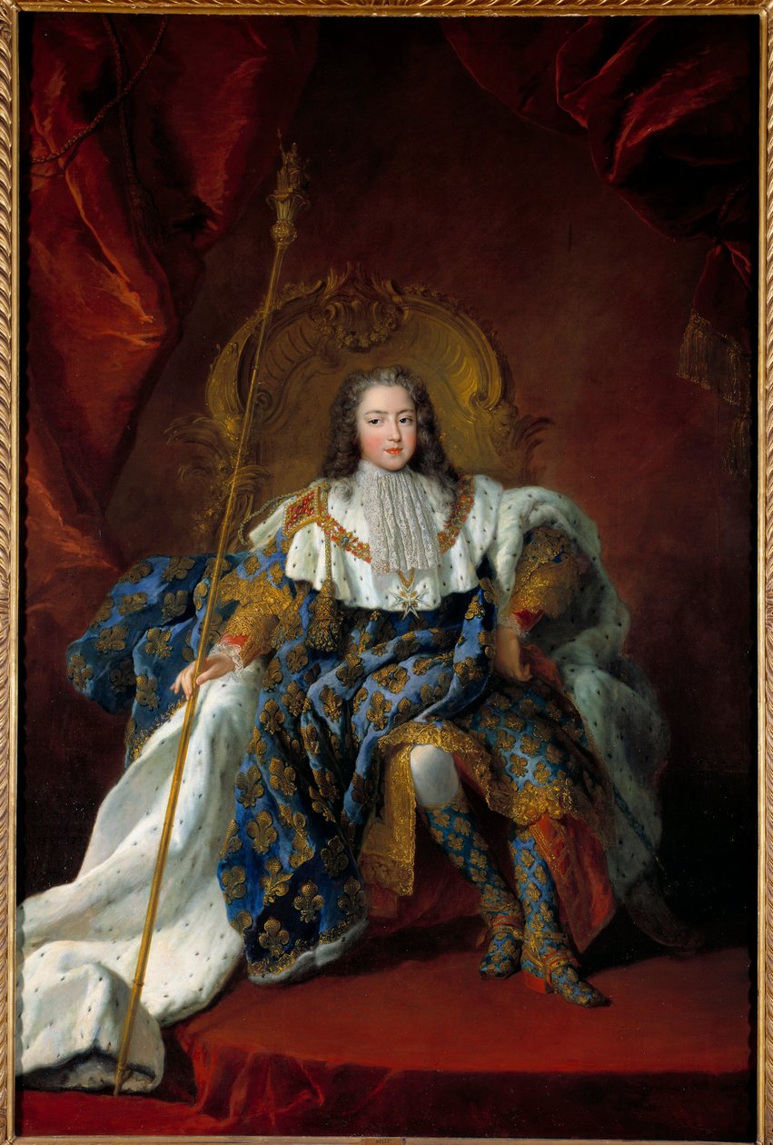 路易十五 (1710-1774) 孩子的肖像，他的 trone 身上覆盖着神圣的服装和属性，由亚历克西斯·西蒙·贝尔 (Alexis Simon Belle，1674-1734 年) 1723 年作画。 2,26x1,8 m - 路易十五（1710-1774）的肖像，小时候穿着加冕礼服坐在宝座上 - Pai 作者 亚历克西斯·西蒙·贝儿