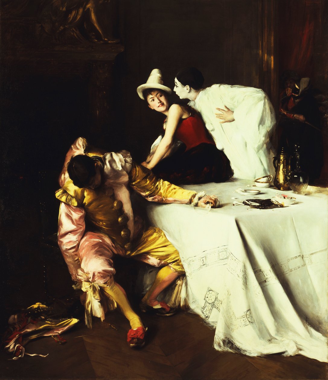 皮埃罗（Pierrot），哥伦拜恩（Columbine）和潘尼切洛（Punchinello）；皮埃罗，哥伦宾和小栗子 作者 亚历克西斯·沃隆