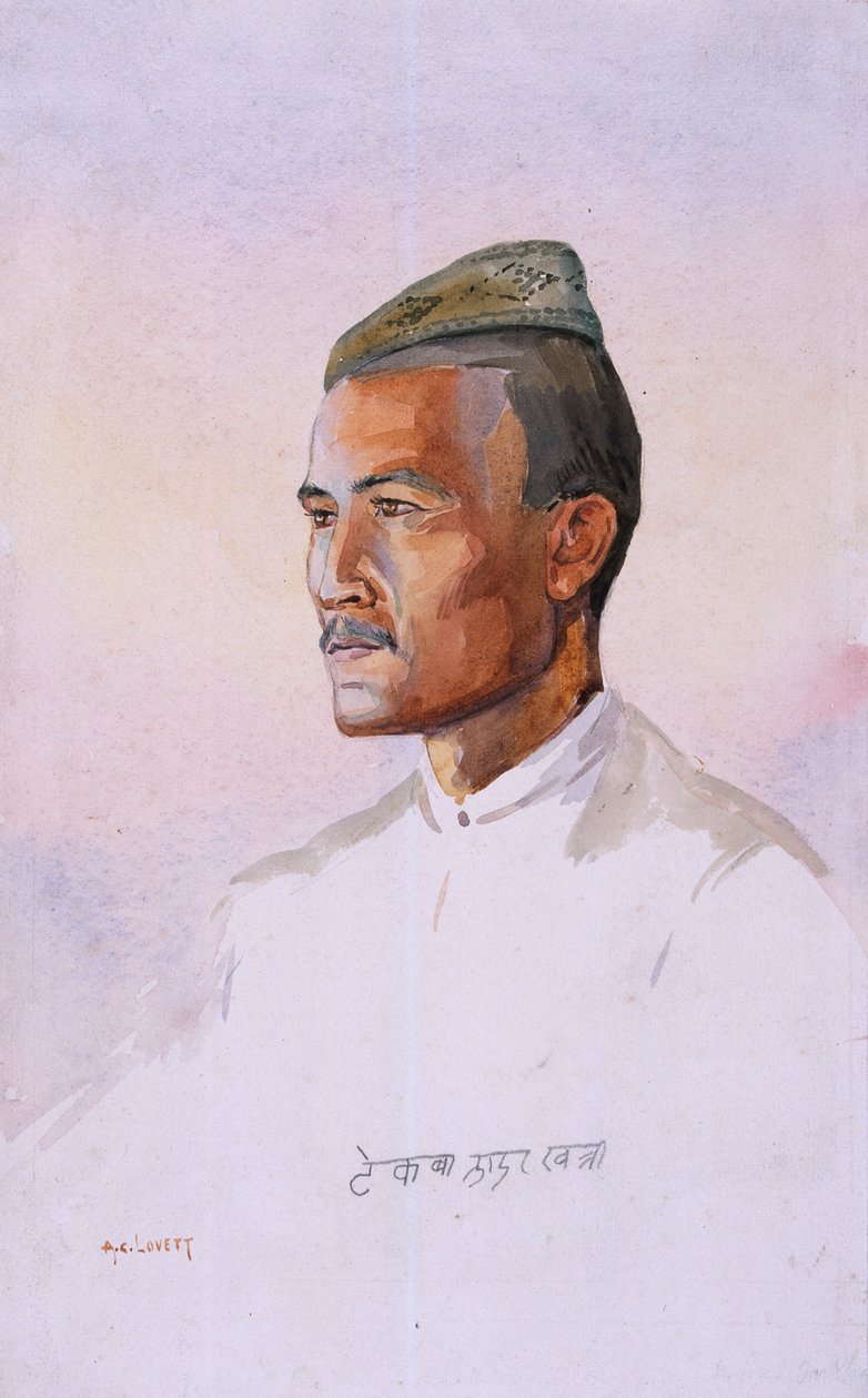 第九届廓尔喀步枪的Khas Gurkha，由Mac MacMunn少校主演的“印度军队”插图，出版于1911年，1908年 作者 阿尔弗雷德·克劳迪·洛维特（Alfred Crowdy Lovett）