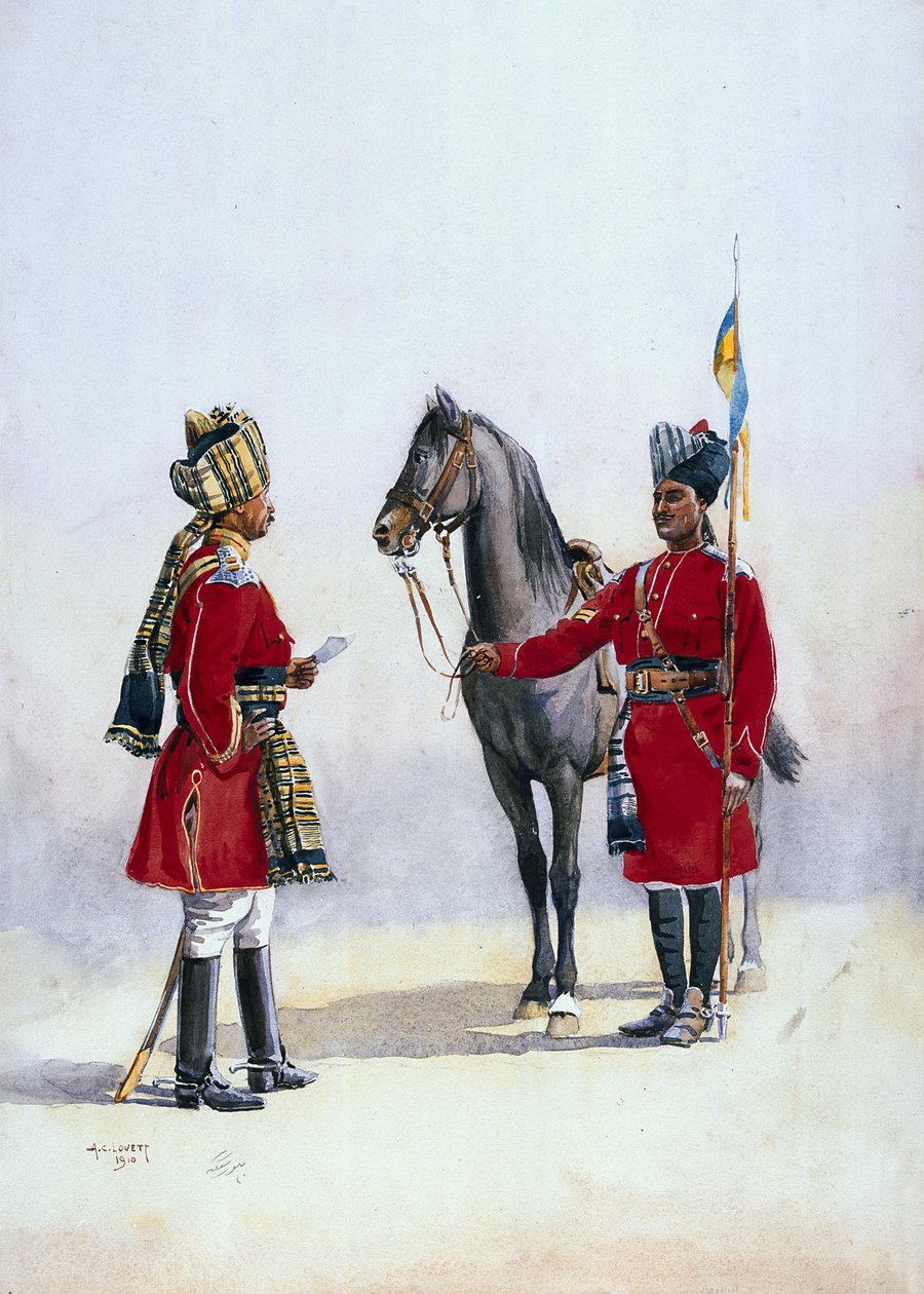 Alwar Lancers，诫命和Chohan Rajput，主要由GF MacMunn主持的“印度军队”插图，于1911年出版，1910年 作者 阿尔弗雷德·克劳迪·洛维特（Alfred Crowdy Lovett）