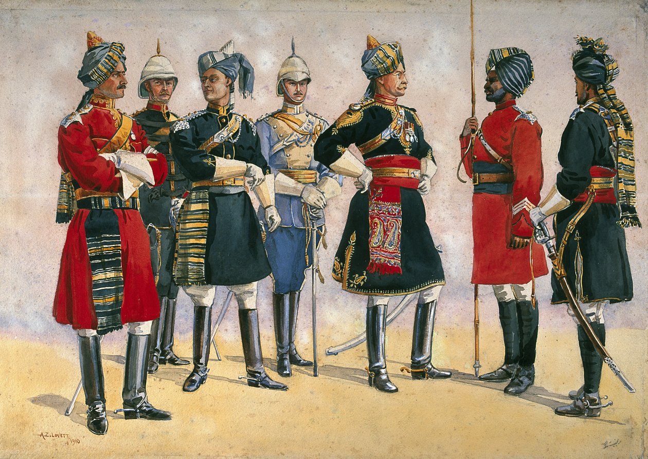 英国军官，印度军队，“印度军队”的插图，于1911年出版，1910年 作者 阿尔弗雷德·克劳迪·洛维特（Alfred Crowdy Lovett）