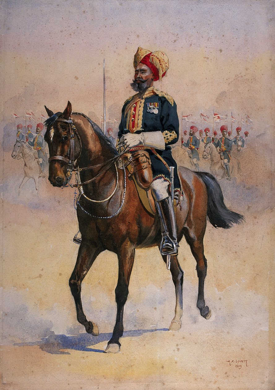 第14届穆雷的Jat Lancers的战士，Risaldar-Major，由GF MacMunn少校的“印度军队”插图，于1911年出版，1909年 作者 阿尔弗雷德·克劳迪·洛维特（Alfred Crowdy Lovett）