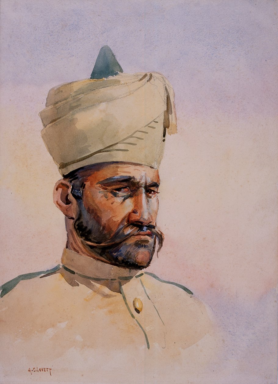 第40届Pathans的战士，Malikdin Khel（Afridi），由GF MacMunn少校主持的“印度军队”插图，出版于1911年，1908年 作者 阿尔弗雷德·克劳迪·洛维特（Alfred Crowdy Lovett）