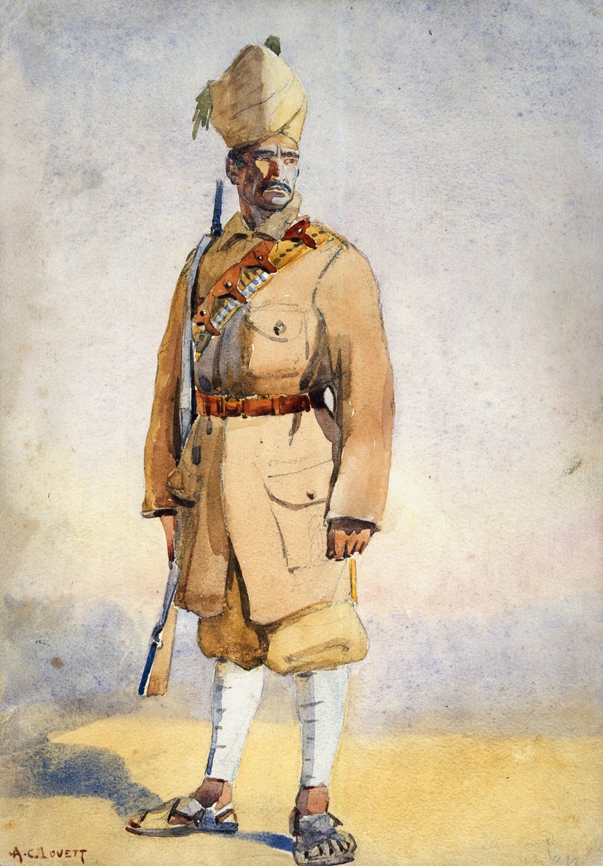 开伯尔步枪的士兵，由Mac MacMunn少校组成的“印度军队”插图，出版于1911年，1908年 作者 阿尔弗雷德·克劳迪·洛维特（Alfred Crowdy Lovett）