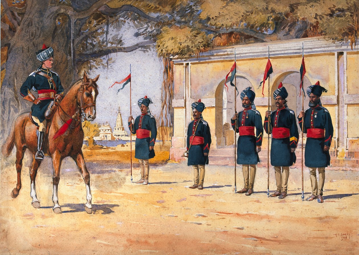 第10届剑桥公爵自己的枪骑兵（Hodson&39;s Horse）的士兵，“四分之一卫队”，由GF MacMunn少校主持的“印度军队”插图，于1911年出版，1908年 作者 阿尔弗雷德·克劳迪·洛维特（Alfred Crowdy Lovett）