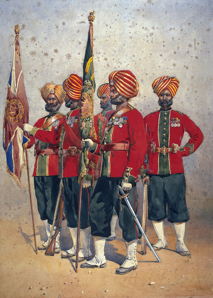 第15届Ludhiana Sikhs的士兵，由GF MacMunn少校的“印度军队”插图，于1911年出版，1908年 作者 阿尔弗雷德·克劳迪·洛维特（Alfred Crowdy Lovett）