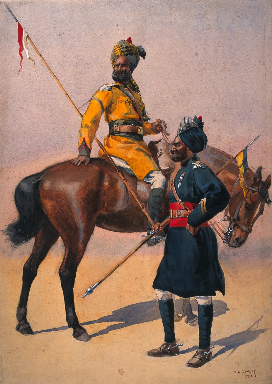 约克公爵自己枪骑兵（Skinner&39;s Horse）的印第安人Musalman和第3个Skinner&39;s Horse，Musalman Rajput的战士，由Mac MacMunn少校的“印度军队”插图，19日出版 作者 阿尔弗雷德·克劳迪·洛维特（Alfred Crowdy Lovett）