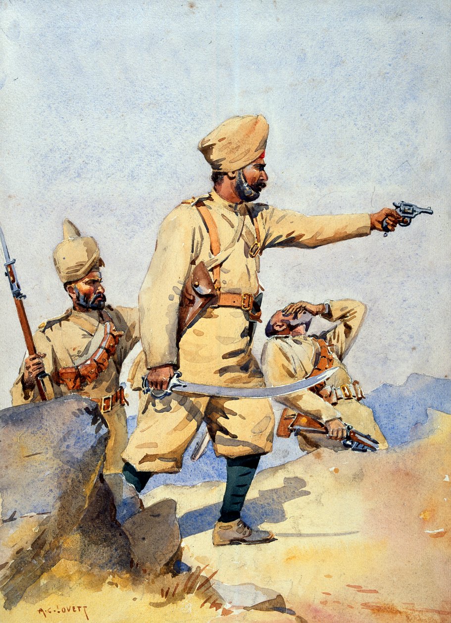 第24届旁遮普人Malikdin Khel（Afridi）和Subadar，Jay Sikh的士兵，主要由GF MacMunn担任“印度军队”的插图，于1911年出版，1908年 作者 阿尔弗雷德·克劳迪·洛维特（Alfred Crowdy Lovett）