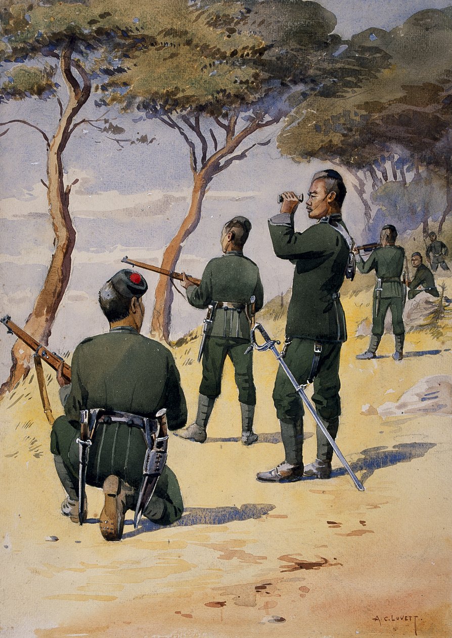 第六届廓尔喀步枪的士兵，由GF MacMunn少校的“印度军队”插图，于1911年出版，1908年 作者 阿尔弗雷德·克劳迪·洛维特（Alfred Crowdy Lovett）