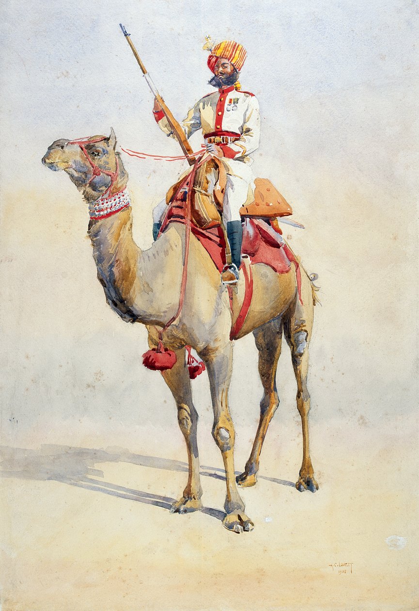 Bikanir Camel Corps的Sowar，由Mac MacMunn少校主持的“印度军队”插图，出版于1911年，1908年 作者 阿尔弗雷德·克劳迪·洛维特（Alfred Crowdy Lovett）