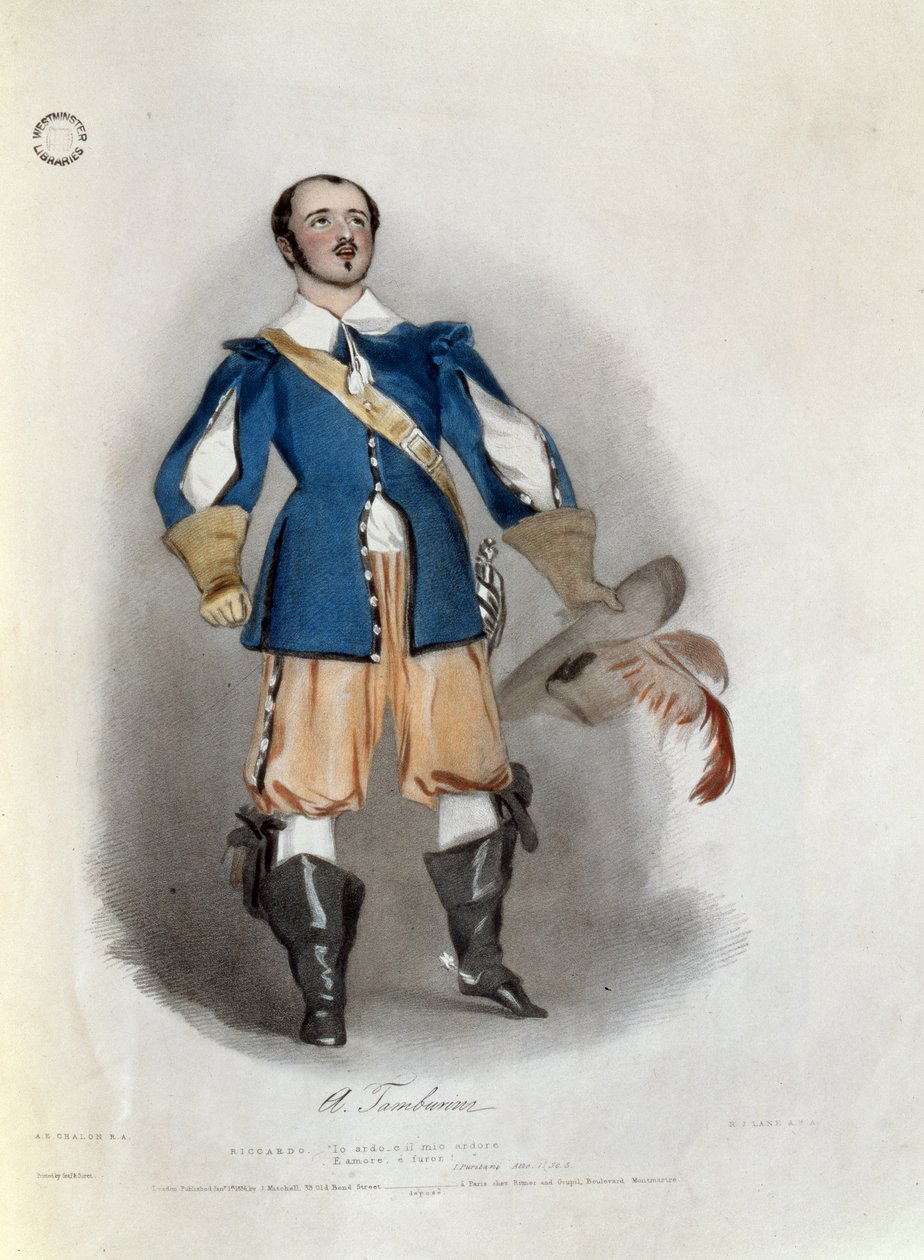 安东尼奥·坦布里尼（1800-76）饰演“我的Puritani”的Riccardo，来自“意大利歌剧的回忆”，由Richard James Lane（1800-72）刻，1836年 作者 阿尔弗雷德·爱德华·沙隆