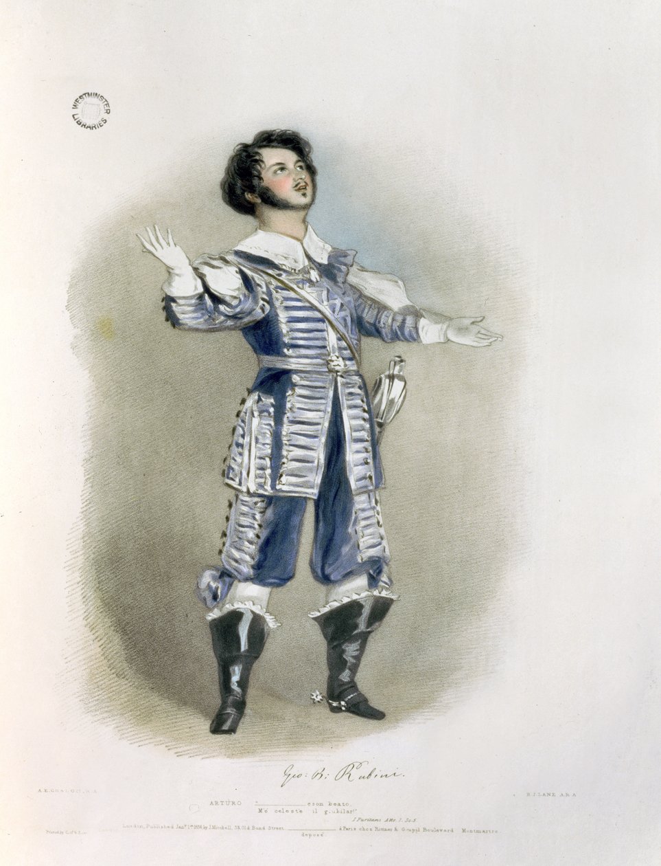 Giovanni Battista Rubini（1794-1854）作为&39;I Puritani&39;中的Arturo，来自&39;意大利歌剧的回忆&39;，由Richard James Lane（1800-72）雕刻，1836年（见证123980） 作者 阿尔弗雷德·爱德华·沙隆