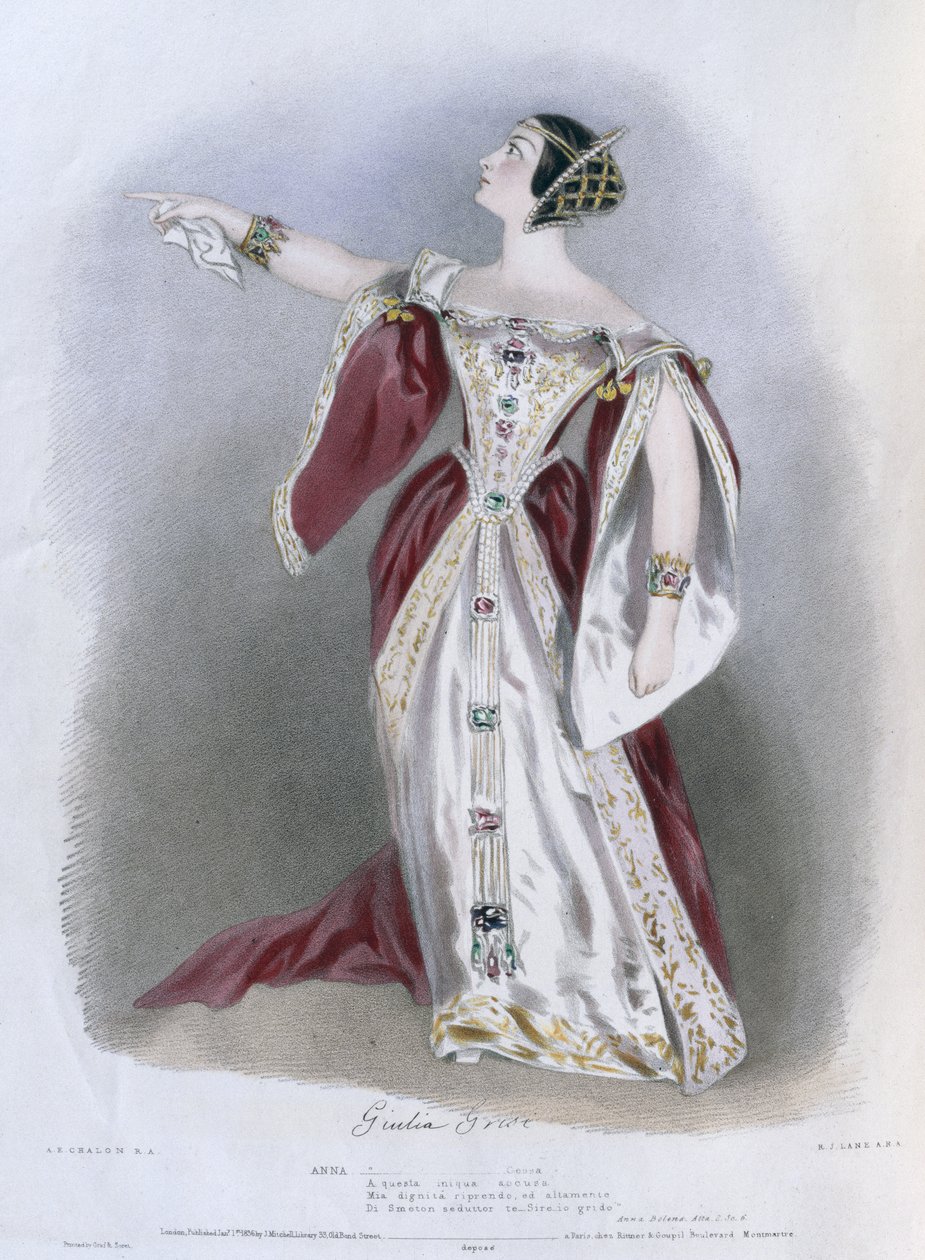 朱莉娅·格里西（1811-69）饰演安娜·波莱娜的安娜，来自“意大利歌剧的回忆”，由理查德詹姆斯莱恩（1800-72）镌刻1836年 作者 阿尔弗雷德·爱德华·沙隆