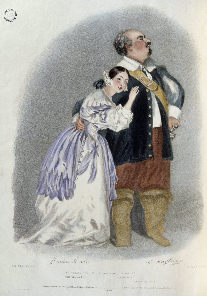 Giulia Grisi（1811-69）饰演Elvira和Luigi Lablache（1794-1858）作为乔治·沃尔顿爵士的“I Puritani”，来自“意大利歌剧的回忆”，由Richard James Lane（1800-72）1836年刻（颜色l 作者 阿尔弗雷德·爱德华·沙隆