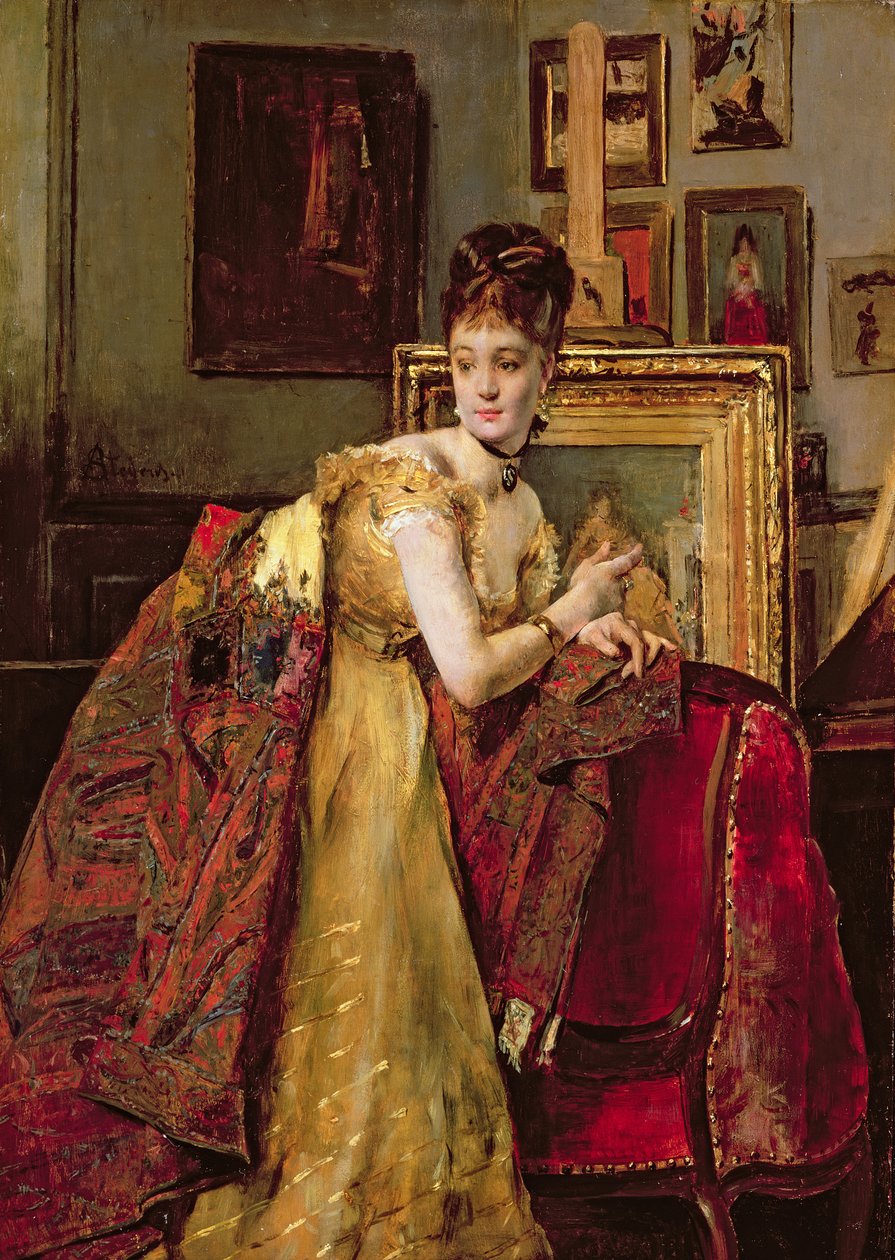 有印地安披肩的妇女在演播室 作者 阿尔弗雷德·埃米尔·史蒂文斯（Alfred Emile Stevens）