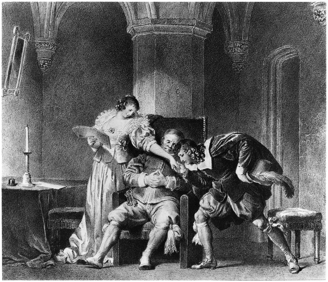 Rosine，Bartholo，伯爵Almaviva，插图来自塞维利亚的理发师，作者：Pierre Augustin Caron de Beaumarchais（1732-99） 作者 阿尔弗雷德·莱昂·勒默西耶