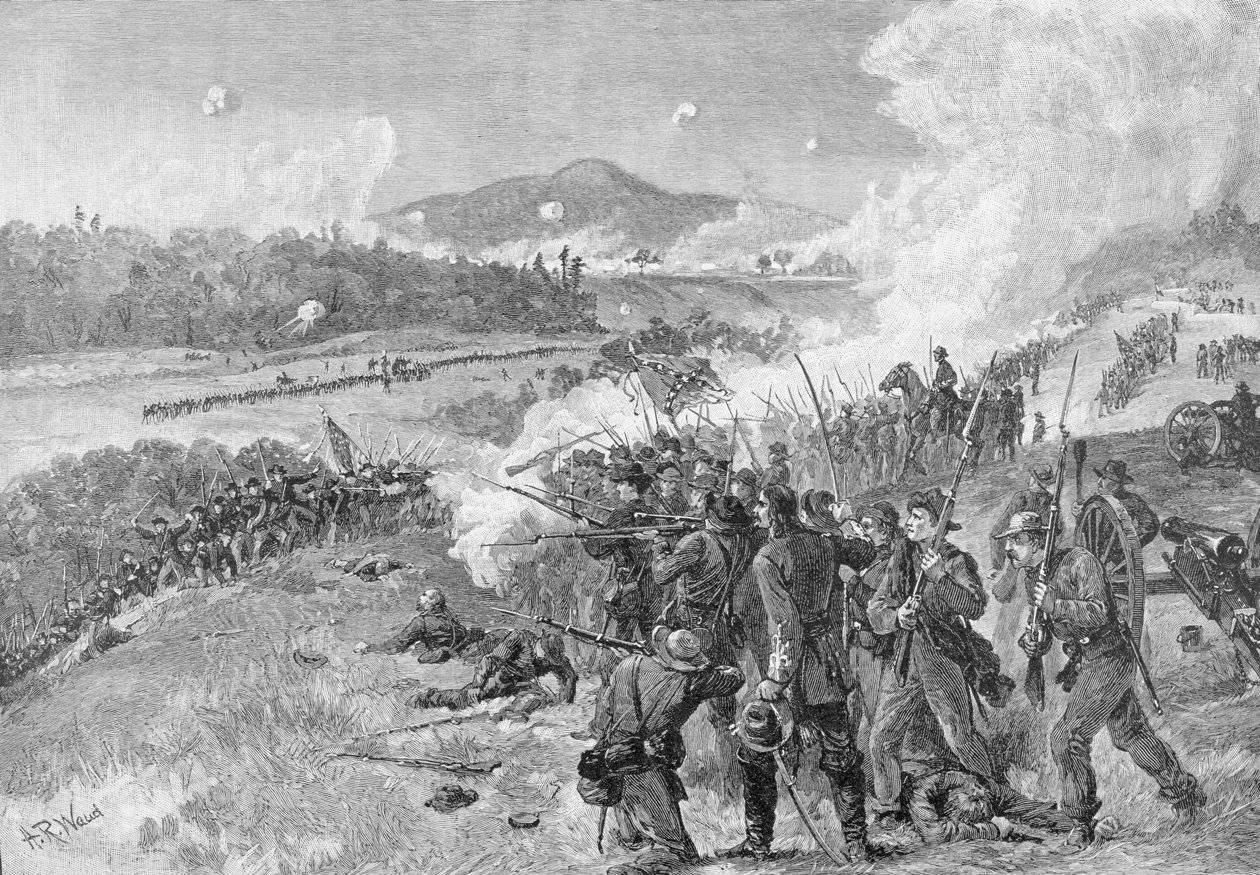 1864年5月14日格鲁吉亚雷萨卡战役，来自“内战的战斗与领袖”的插图，由Robert Underwood Johnson和Clarence Clough Buel编辑 作者 阿尔弗雷德·鲁道夫·沃德