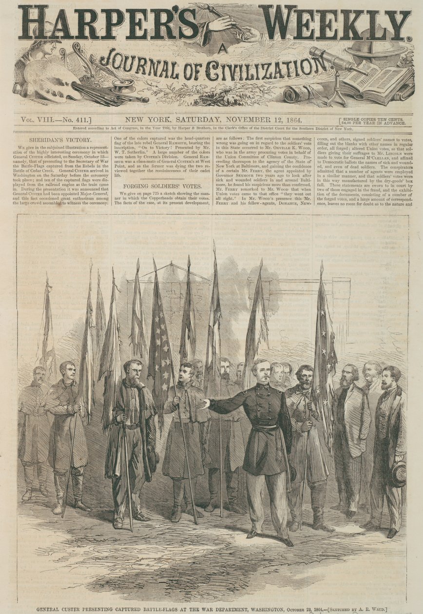 卡斯特将军在华盛顿战争部举行战斗旗帜，1864年的“哈珀周刊”头版（木版画） 作者 阿尔弗雷德·鲁道夫·沃德