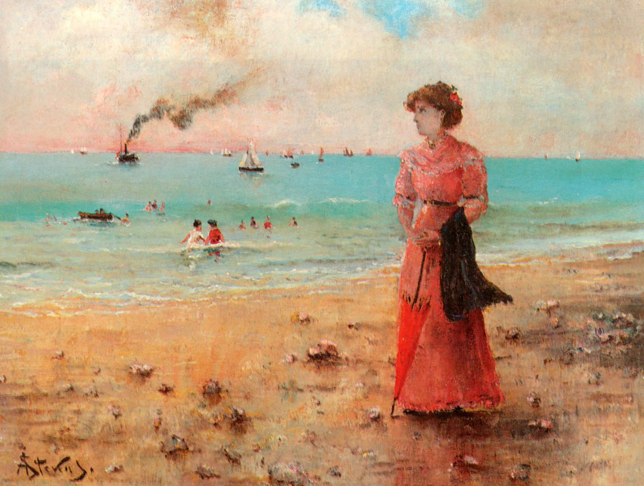有红色伞的少妇在海边 作者 阿尔弗雷德·埃米尔·史蒂文斯（Alfred Emile Stevens）
