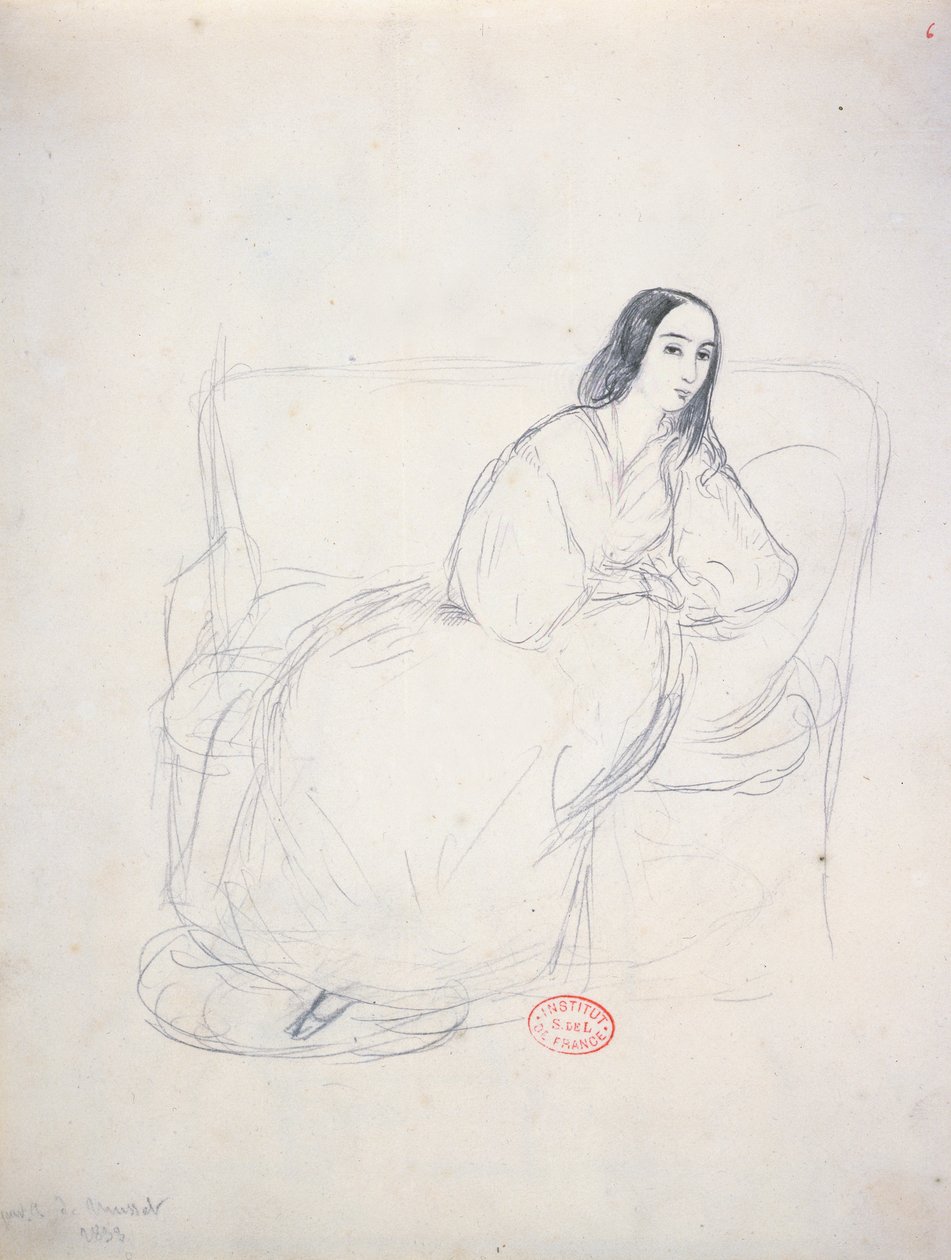 乔治·桑（1804-1876）坐在沙发上，1833年 作者 阿尔弗雷德·德·穆塞特