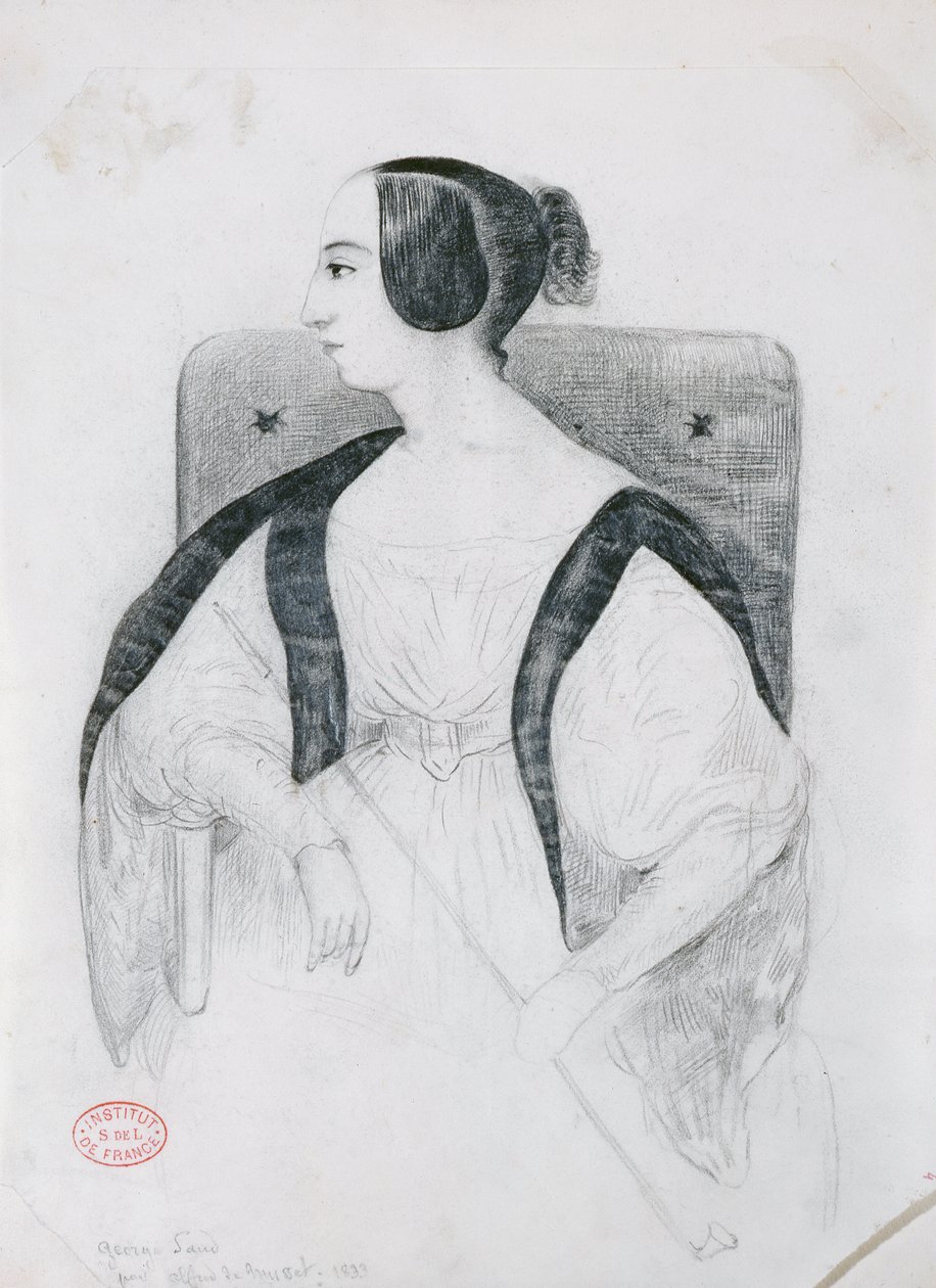 乔治·桑（1804-76）坐在扶手椅上，1833年 作者 阿尔弗雷德·德·穆塞特