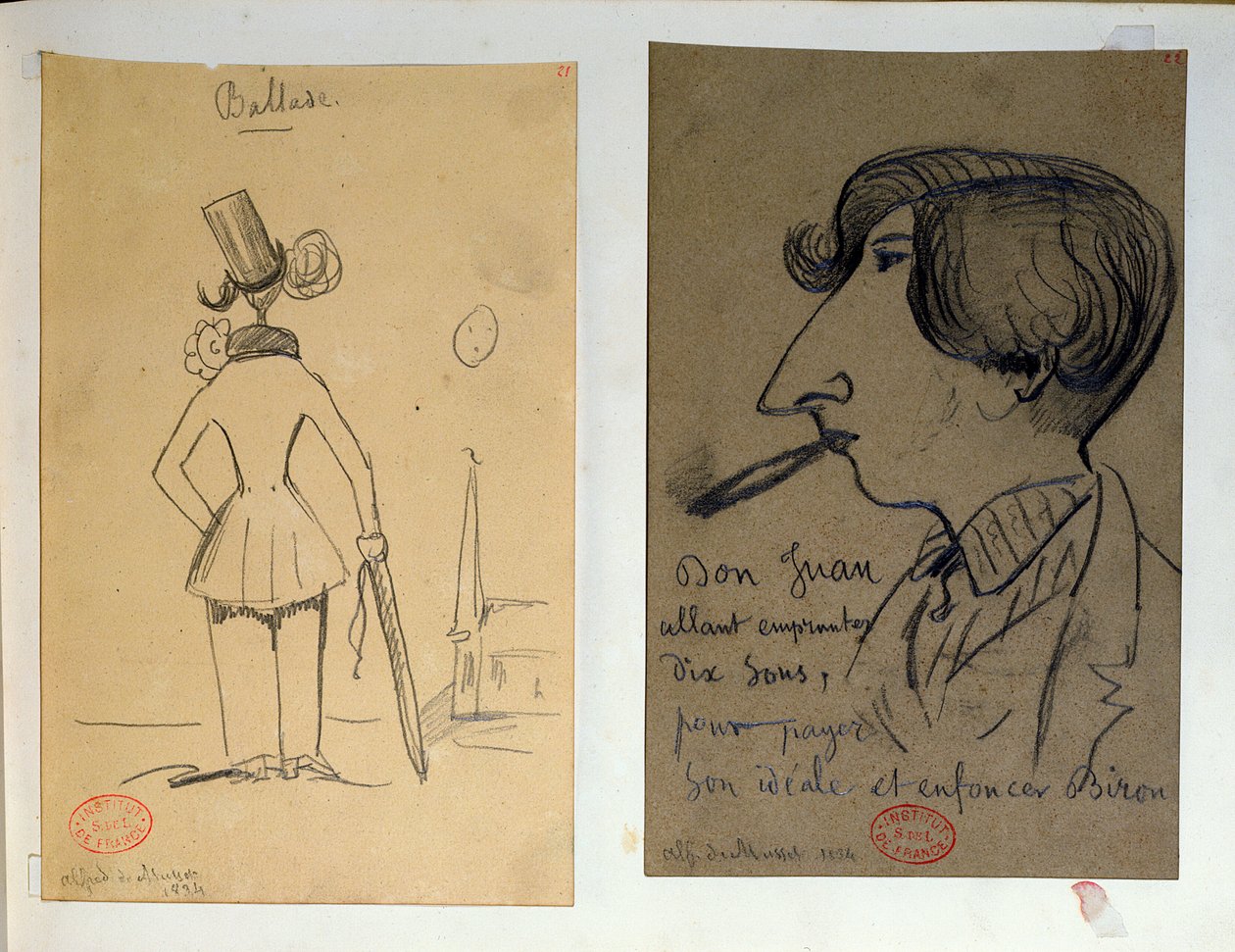 两张照片，&39;Ballade&39;（月亮像我一样的点）：Alfred de Musset（1810-57）从背面（右），&39;Don Juan ......&39;：Musset吸烟（左），1834 作者 阿尔弗雷德·德·穆塞特