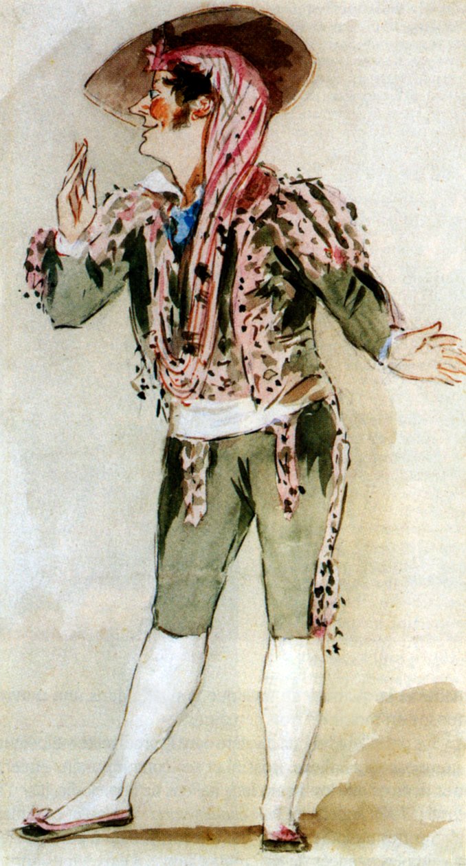 卡洛-祖切利（1793-1879 年），意大利男低音，在乔阿奇诺-罗西尼的歌剧《塞维利亚理发师》中饰演费加罗，水彩画 作者 阿尔弗雷德-爱德华·沙隆