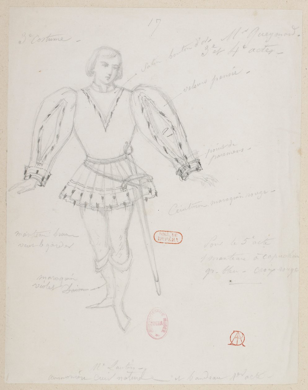 Halévy - La magicienne - Alfred Albert 设计的服装模特 - 17 (Réné)，M. Gueymard，第三套服装，第三幕和第四幕 作者 阿尔弗雷德·阿尔伯特