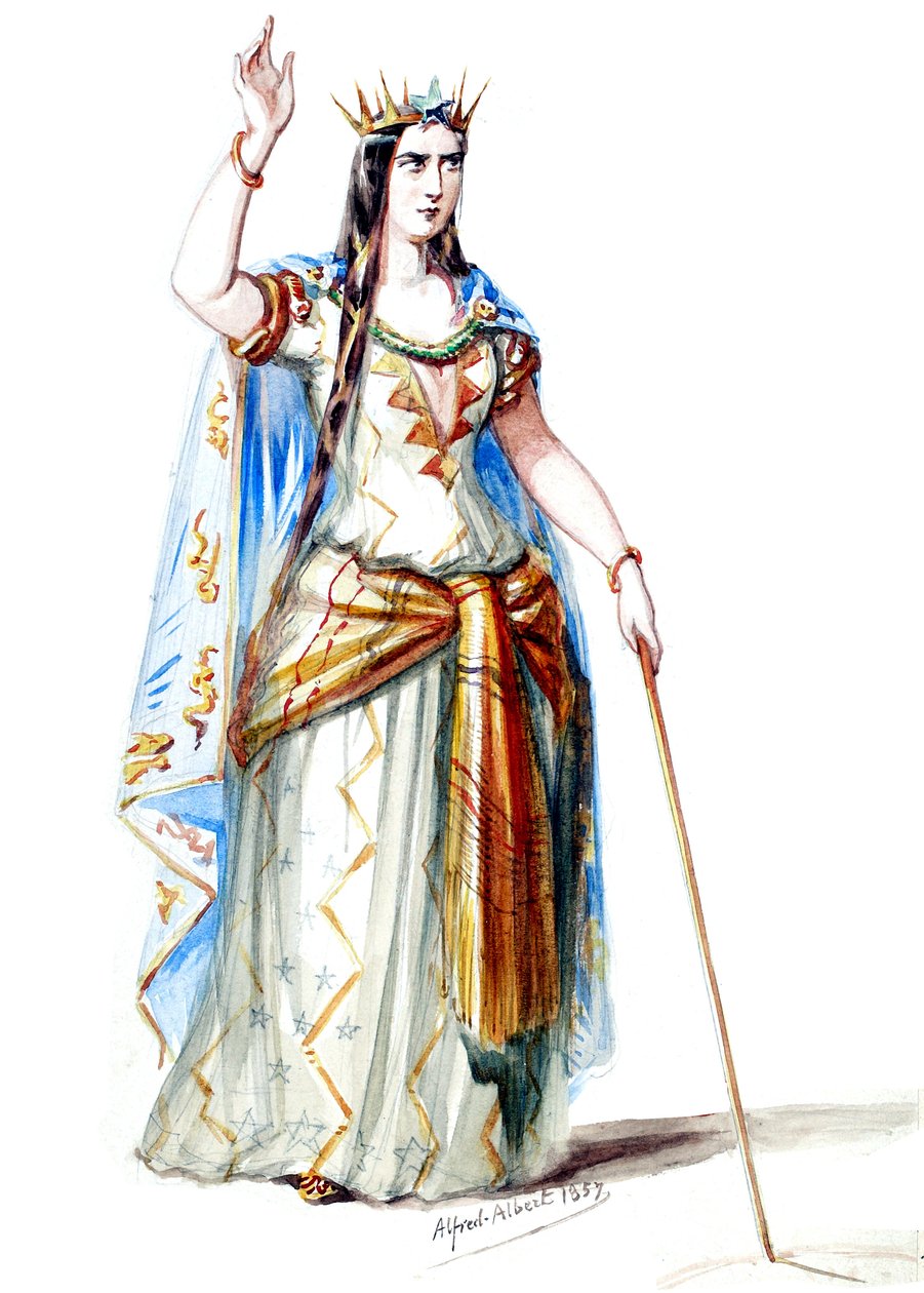Halévy - La magicienne - Alfred Albert 设计的服装模特 - 19.Mélusine, Lusignan 伯爵夫人，第一套服装（已修饰） 作者 阿尔弗雷德·阿尔伯特