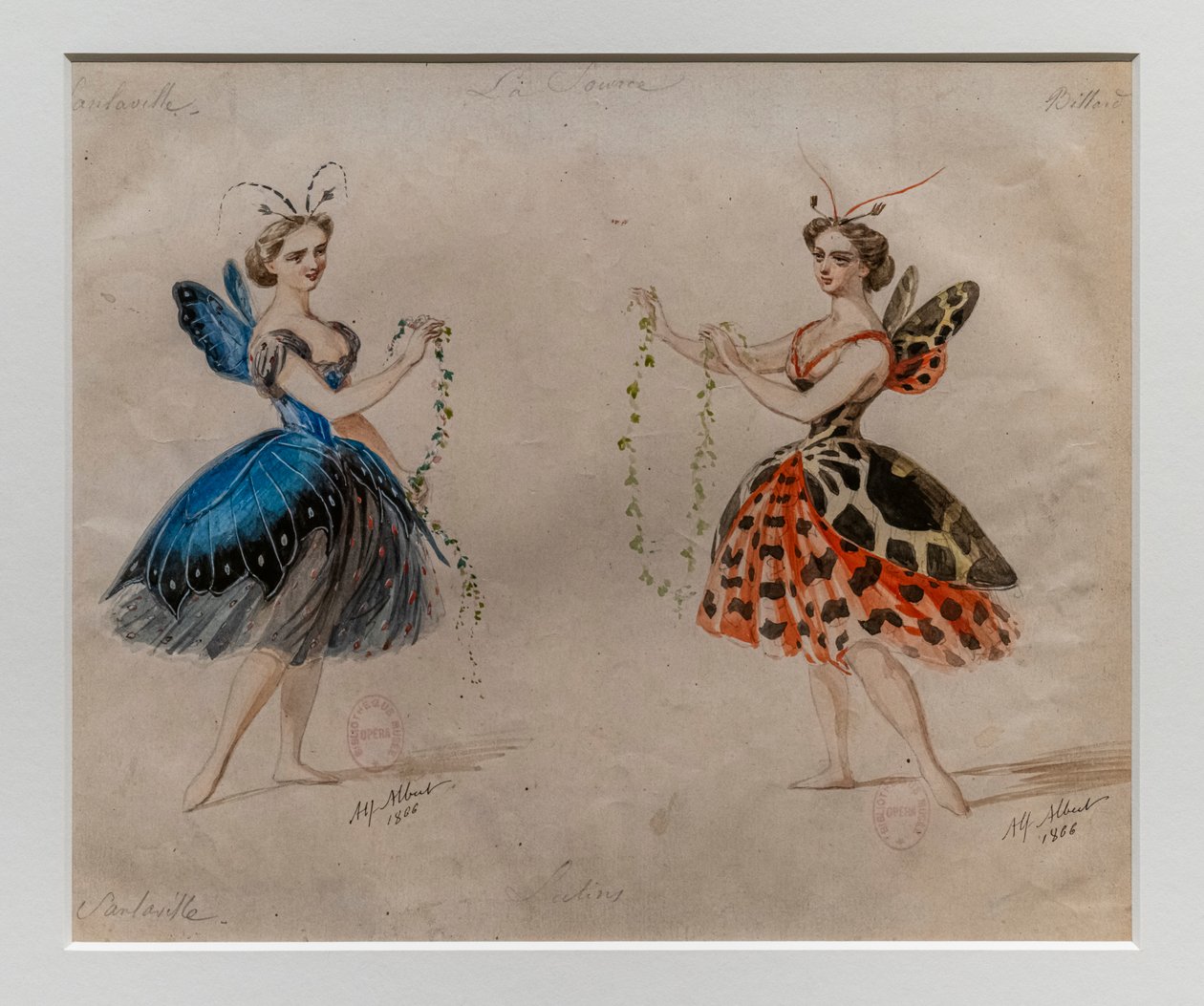来源。 路德维希·明库斯 (Ludwig Minkus) 和里奥·德利贝斯 (Leo Delibes) 的芭蕾舞。 1866 年服装模型。 纸上铅笔和水彩。 作者 阿尔弗雷德·阿尔伯特