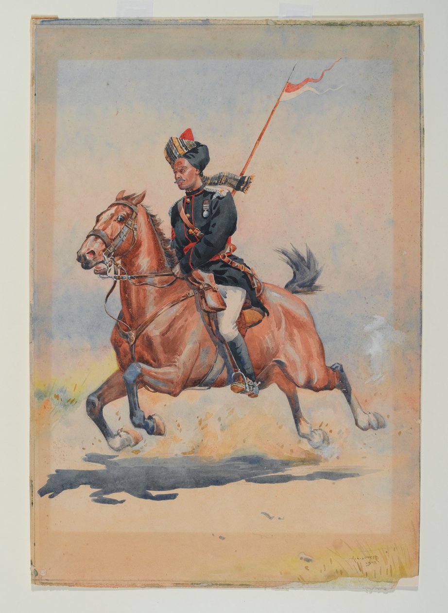 第 6 骑兵团的 Jat Sowar 骑马，疾驰，带吊枪 作者 阿尔弗雷德·克劳迪·洛维特（Alfred Crowdy Lovett）