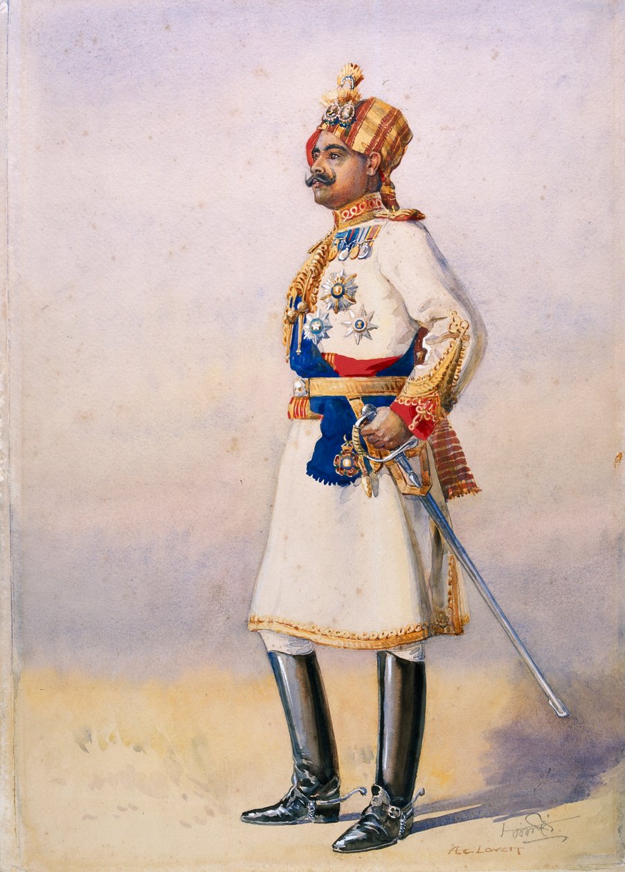 HH Maharaja上校Sir Ganja Singh，比卡内尔的Bahadur，主要由GF MacMunn担任“印度军队”的插图，于1911年出版 作者 阿尔弗雷德·克劳迪·洛维特（Alfred Crowdy Lovett）