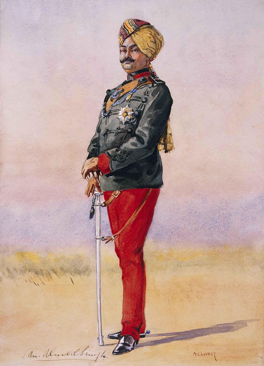 名誉主要人物主教Umed Singh Bahadur，Kota的Maharao，由Mac MacMunn少校主持的“印度军队”插图，出版于1911年，1908年 作者 阿尔弗雷德·克劳迪·洛维特（Alfred Crowdy Lovett）