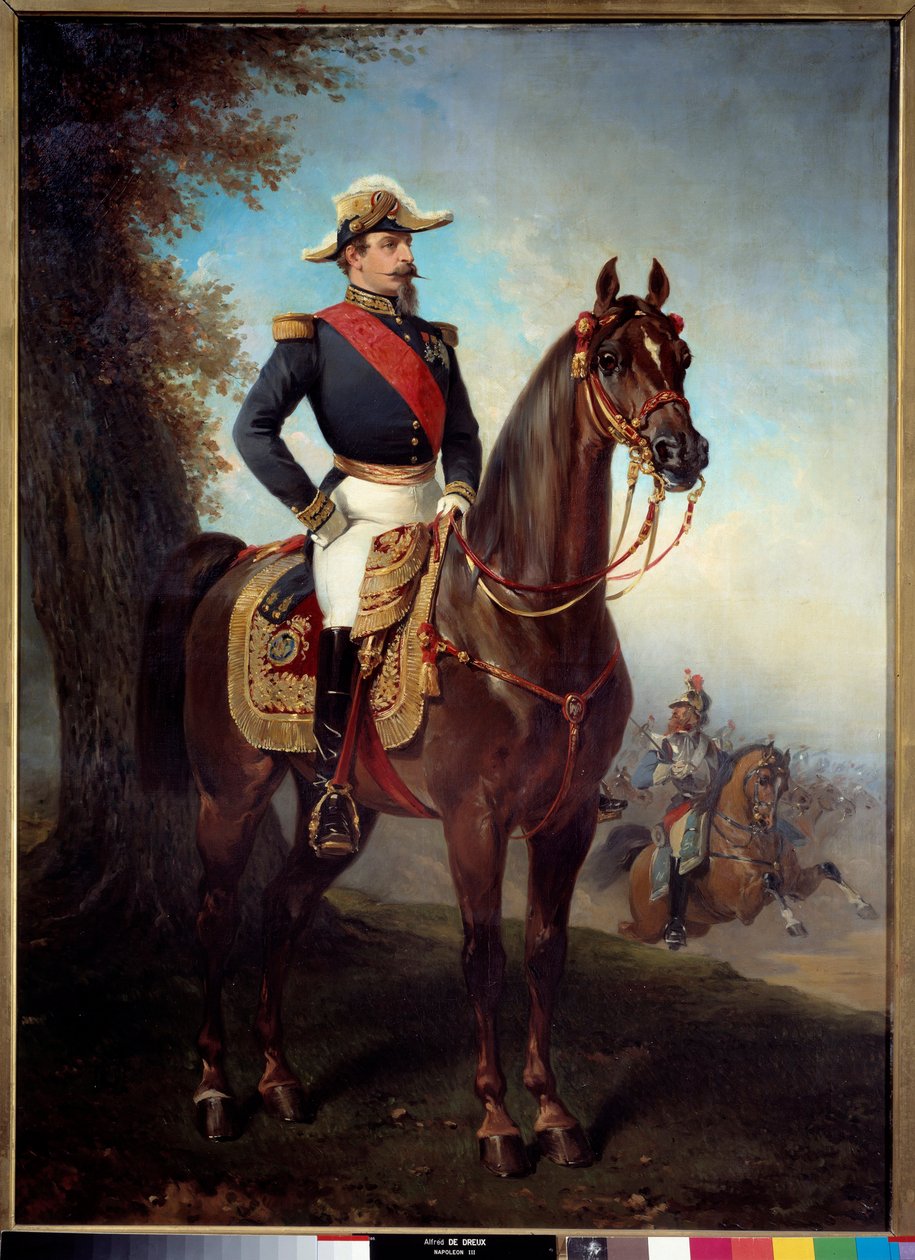 拿破仑三世（1808-1873）的马术肖像。 阿尔弗雷德·德·德勒 (Alfred De Dreux) 的绘画 (1810 - 1860) 作者 阿尔弗雷德·德勒