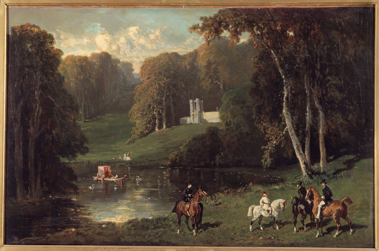 湖边的骑士和亚马逊人 阿尔弗雷德·德·德勒 (Alfred de Dreux，1810-1860 年) 19 世纪的绘画作品。 0,43x0,65 米 作者 阿尔弗雷德德勒